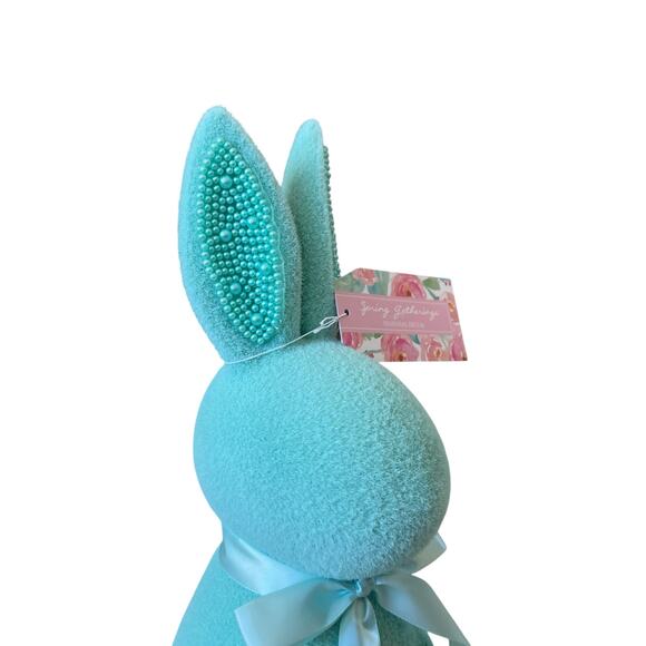 SPRING GATHERINGS 15in Aqua Flocked Bunny With Faux Pearl Ears & Ribbon New - Picture 8 of 15